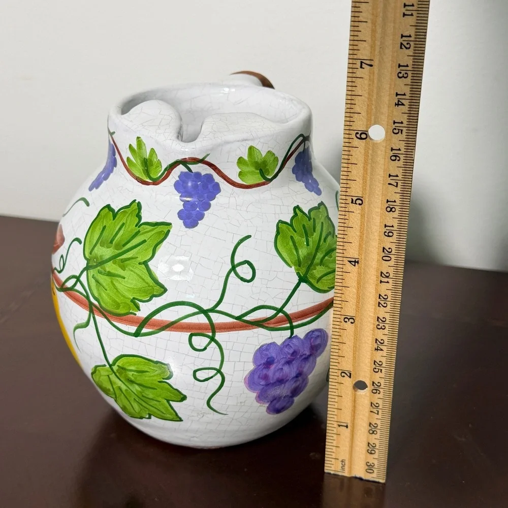 Vintage Portugal Hand Painted Ceramic Pitcher Grape Vine Crackle Glaze Vase